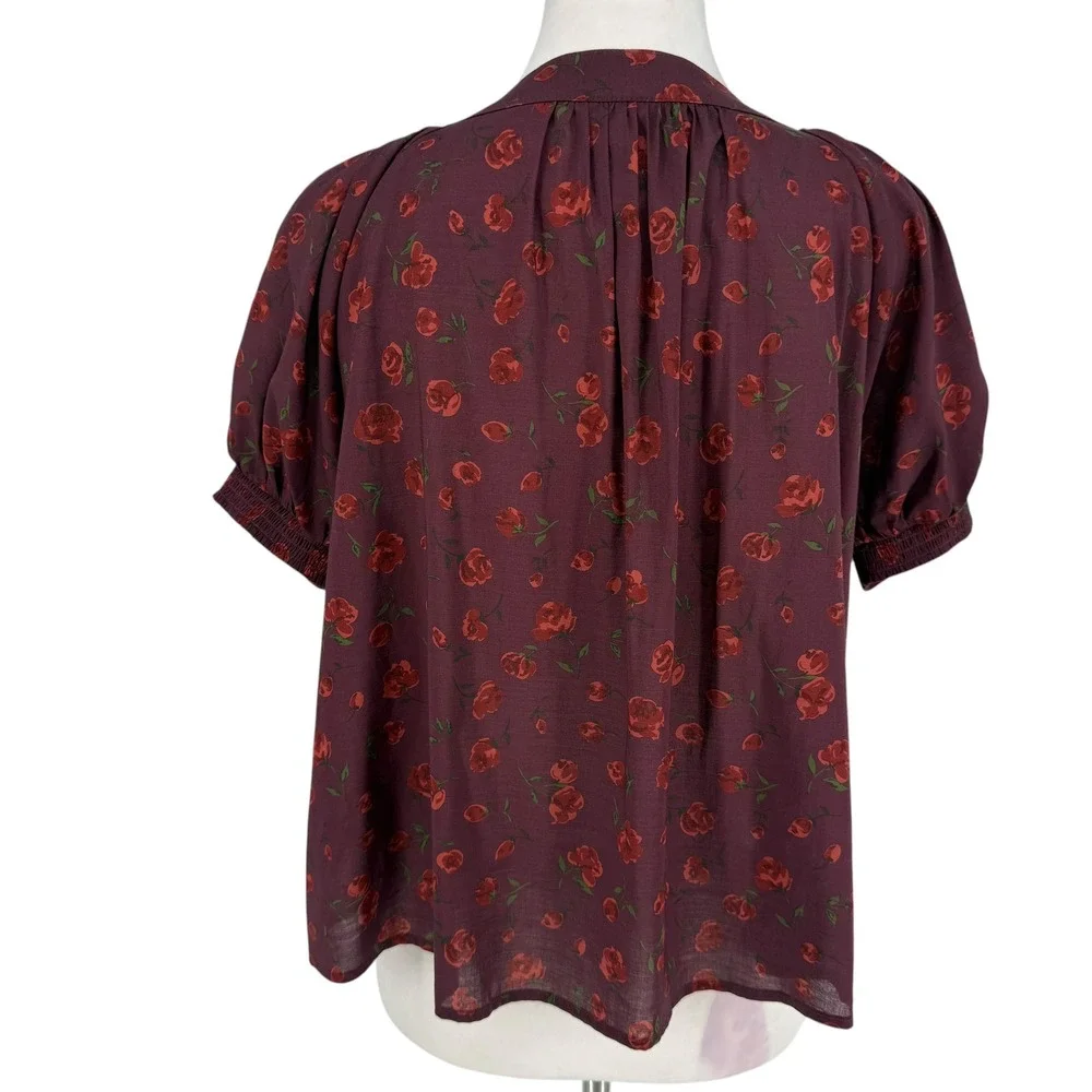 Reformation Calia Burgundy Rose Floral Top Size Small Pintuck Puff Sleeve Button